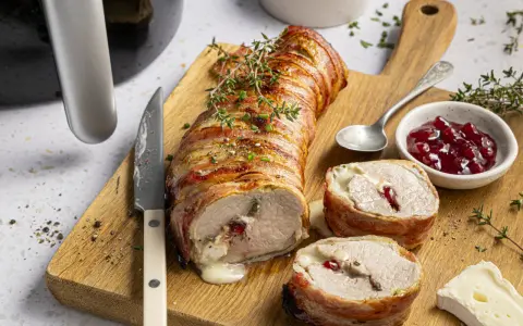 Saftiges schweinefilet im speckmantel, perfekt im Airfryer zubereitet, mit Käse und Cranberry-Füllung.