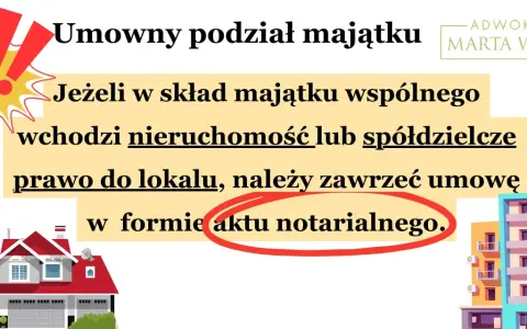 Rozwód a kredyt hipoteczny: umowny podział majątku wymaga aktu notarialnego, gdy wchodzi nieruchomość lub spółdzielcze prawo do lokalu.