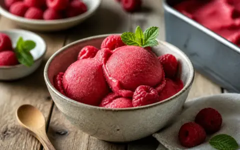 Himbeersorbet, das man einfach **sorbet selber machen ohne eismaschine** kann. Serviert in einer Schale mit frischen Himbeeren und Minze.