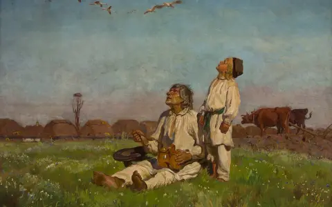 Obraz przedstawia dwóch mężczyzn wpatrzonych w niebo, gdzie latają bociany. W tle wieś i pasące się krowy.
