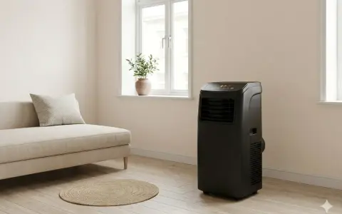Un salon moderne avec un canapé beige, un tapis rond en jonc et un climatiseur Klarstein noir discret.
