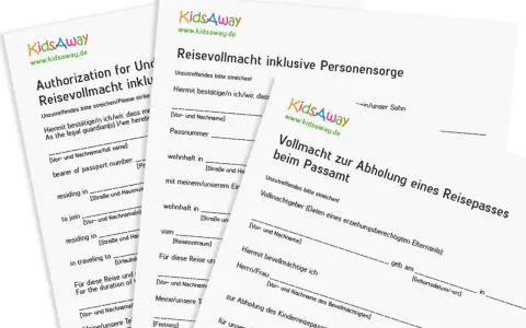 Mehrere Formulare von KidsAway, darunter eine Reisevollmacht für Kinder und eine Vollmacht zur Abholung eines Reisepasses.