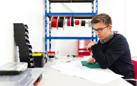Młody mężczyzna w okularach analizuje dokumentację techniczną. Na stole leżą narzędzia, a w tle widać półkę z przewodami, co sugeruje pracę nad projektem z dziedziny plan bioz.