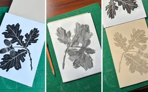 Tre steg i skapandet av ett linoleumtryck med ekollon och blad. Inspiration för ditt eget linoleumtryck.
