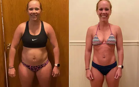 Woman's fitness journey: before and after, showcasing significant changes after using an assault bike.
