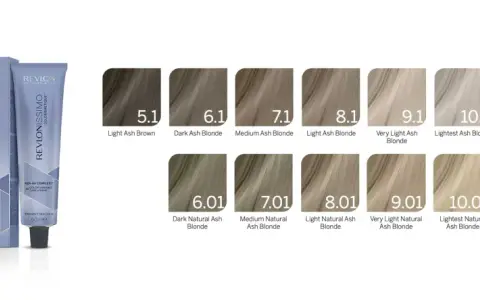 Revlonissimo Haarfarben Tabelle zeigt verschiedene Aschblond- und Naturtöne, von Dunkelbraun bis sehr hellem Blond.