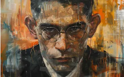 Ritratto intenso di Franz Kafka, con pennellate vibranti e un'espressione enigmatica che cattura l'essenza delle sue opere.