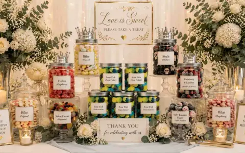 Mesa de dulces para bodas, con frascos de chuches como preparar bolsas de chuches originales. Flores y velas decoran.