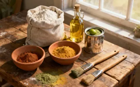 Sacs de farine, bols de pigments naturels pour peinture à la farine (ocre, curcuma, vert), huile et pinceaux sur une table en bois.