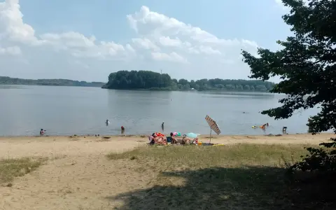 Na Jeziorze Przeczyckim można się kąpać. Ludzie odpoczywają na plaży i pływają w wodzie.