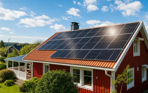 Rött hus med solpaneler på taket, en del av ett **solar edge**-system som fångar solens energi.