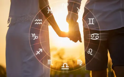 Para, trzymająca się za ręce, na tle zachodzącego słońca, otoczona kołem zodiaku, gdzie widać symbole Lwa i Koziorożca.