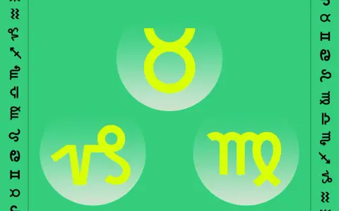Trzy znaki ziemi: Byk, Panna i Koziorożec, otoczone symbolami zodiaku.