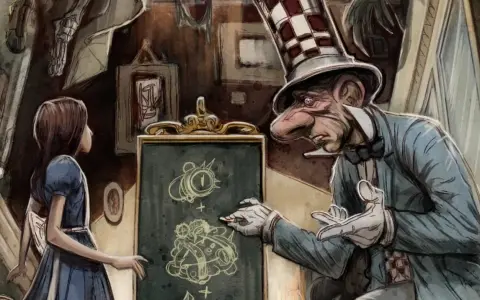 Alice en el asilo, observando al Sombrerero Loco dibujar extraños diagramas en una pizarra.