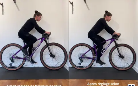 Comparaison avant/après du **tableau réglage position vélo**. La hauteur de selle est ajustée pour une meilleure posture.