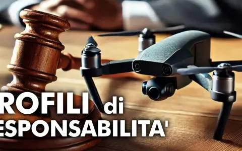 Martelletto del giudice e drone, per discutere i profili di responsabilità e le possibili conseguenze, come una multa per drone senza patentino.