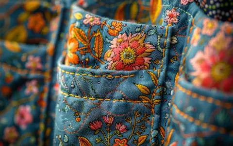 Gros plan sur des poches aux motifs floraux colorés. Différents types de poche, ornés de broderies vives sur fond bleu.