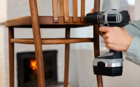 Persona repara una silla de madera con taladro. Un tornillo pasado de rosca dificulta la tarea.