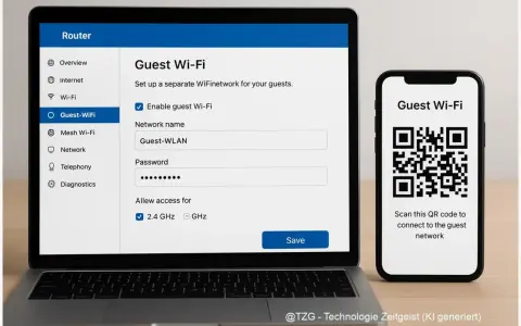 Ein Laptop zeigt die Einrichtung eines Gast-WLANs, während ein Smartphone einen QR-Code für den **WLAN-Gastzugang** anzeigt. Das Risiko liegt in der einfachen Verbindung für Gäste.