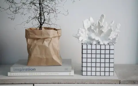 En växt i en brun papperspåse står bredvid en vit korallliknande dekoration på en rutig vas. En inspirerande diy vas-idé.