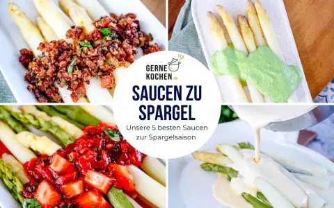 Vier Collagen-Bilder zeigen Spargel mit verschiedenen Saucen: mit Speck, grüner Sauce, Erdbeeren und Hollandaise. Perfekte Saucen zu Spargel.