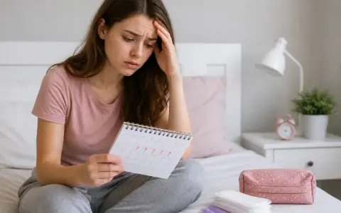 Zmartwiona kobieta patrzy na kalendarz z pytajnikami, zastanawiając się, kiedy będzie okres. Tydzień wcześniej też miała podobne wątpliwości.