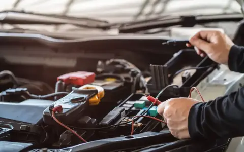 Mechanik sprawdza instalację elektryczną samochodu. Na zdjęciu widać multimetr i ręce trzymające sondy. Stojan z bezpiecznikami jest widoczny w tle.