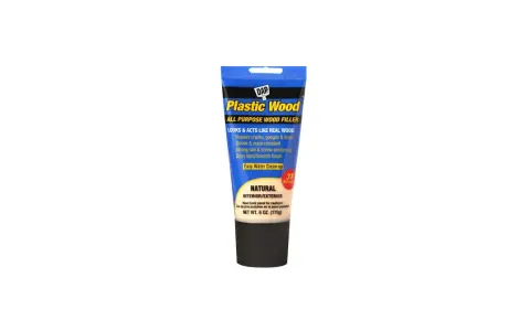 Tube of DAP Plastic Wood All Purpose Wood Filler in Natural color. This filler repairs cracks, gouges, and holes, dries hard, and is shrink and crack resistant.