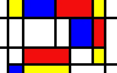 Composition abstraite typique du mouvement artistique de Piet Mondrian, avec des rectangles noirs, blancs, rouges, bleus et jaunes.
