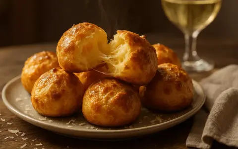 Gougeres au fromage chauds et filants, prêts à être dégustés avec un verre de vin blanc.