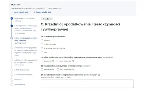 Formularz PCC-3(6) - C. Przedmiot opodatkowania i treść czynności cywilnoprawnej. Wzór dokumentu do wypełnienia.