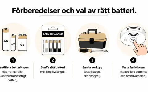 Steg för att byta batteri i brandlarmet: identifiera batterityp, skaffa rätt batteri, samla verktyg och testa funktionen så att brandlarmet inte piper i onödan.