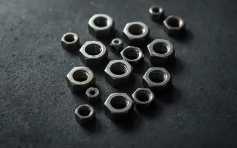 Różnorodne nakrętki, od małych po większe, leżą na ciemnym tle. Widać ich metaliczny połysk i gwinty, co sugeruje różne nakrętki wymiary.