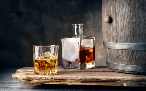 Szklanka z lodem i butelka whisky obok drewnianej beczki. Idealne połączenie, by dowiedzieć się, z czym pić whisky.