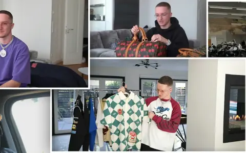 Mann mit Brille präsentiert seine Justin Modemarke Kollektion, darunter Hoodies, Hemden und eine Tasche mit Kirschen.