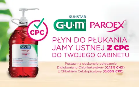 Płyn do płukania jamy ustnej GUM Paroex z chlorkiem cetylopirydyniowym (CPC) 0,05% dla profesjonalnej kontroli płytki nazębnej.