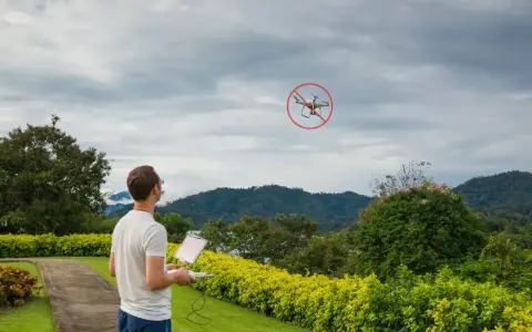Man with drone controller looks at a drone with a "no fly" symbol, illustrating ct drone laws.
