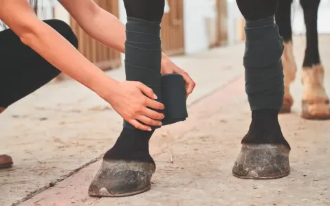 Une personne bande la jambe d'un cheval pour prévenir la tendinite.