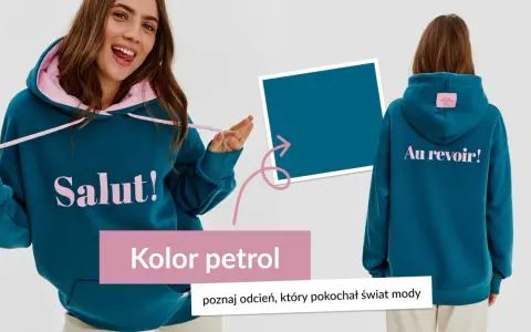 Dziewczyna w bluzie w kolorze petrol, z napisem "Salut!" z przodu i "Au revoir!" z tyłu.