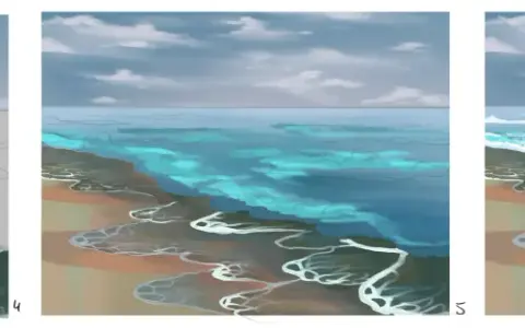 Secuencia de imágenes que muestran cómo dibujar agua, desde un boceto inicial hasta olas detalladas rompiendo en la playa.