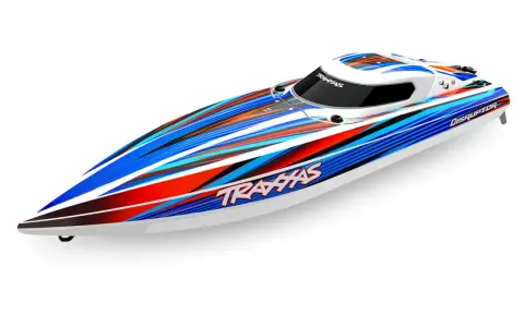 Ein schnelles RC-Boot mit dynamischem Streifenmuster in Blau, Rot und Orange. Dieses Modell ist Teil der Traxxas Bootsmodelle.