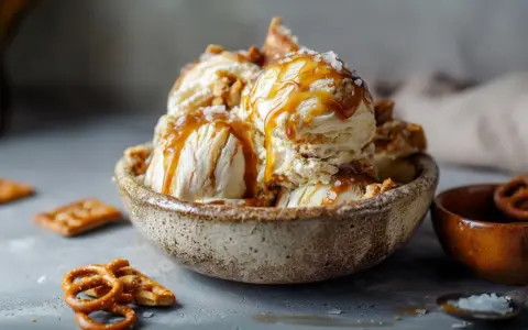 Schüssel mit Salted Caramel Eis, beträufelt mit Karamellsauce und bestreut mit Meersalz. Perfekt dazu passen Brezeln und Kekse.