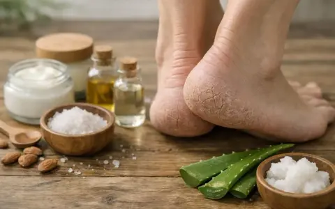 Pieds secs avec le talon craquelé, entourés d'ingrédients naturels pour un soin : aloe vera, sel, huiles et crème.