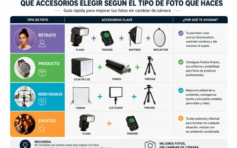 Guía para elegir accesorios de fotografía: flash, softbox, trípode y más. Ideal para echar una foto perfecta en retratos, productos o eventos.