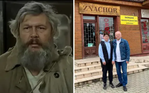 Dwóch mężczyzn przed sklepem "Znachor", gdzie rozgrywa się akcja filmu.