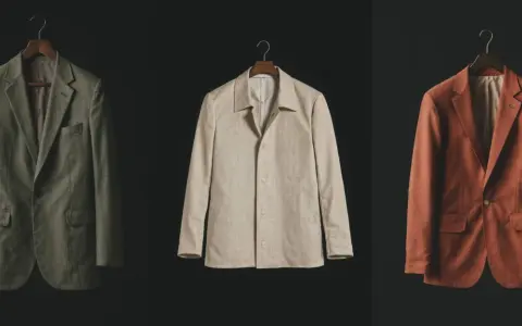 Tre giacche eleganti, una verde slavato, una beige e una color ruggine, appese su grucce di legno.