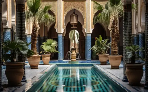 Un magnifique patio marocain avec une piscine centrale, des palmiers et des fontaines, orné de zelliges bleus et de colonnes sculptées.