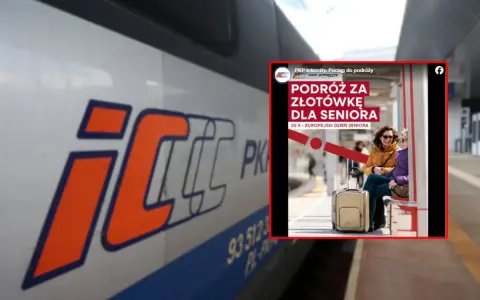 Logo PKP Intercity na pociągu i plakat z seniorami na dworcu.