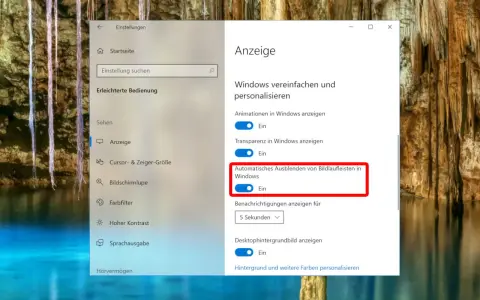 Windows-Einstellungen: Automatisches Ausblenden von Bildlaufleisten in Windows ist aktiviert.