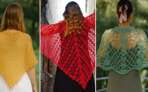 Tres ponchos a crochet rectangulares: uno amarillo, uno rojo y uno verde.